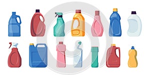 Detergent bottles. Chemical liquid soap and bleach for cleaning, household disinfectant products for housekeeping