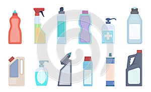 Detergent bottles. Cleaning supplies in plastic containers, bleach and household chemicals bottle, sanitary washing