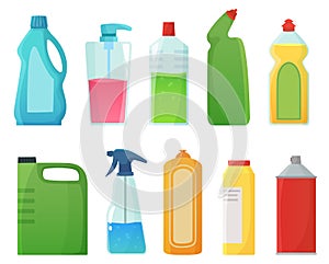 Detergent bottles. Cleaning supplies products, bleach bottle and plastic detergents containers cartoon vector