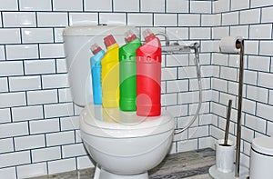 Detergent bottles for cleaning the toilet in the bathroom in home. Detergents bottles and Household Toilet Cleaners. Anti-