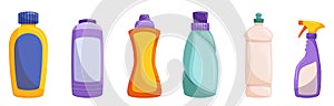 Detergent Bottles, Isolated Set Of Convenient Containers Holding Liquid Soap For Cleaning Clothes And Surfaces