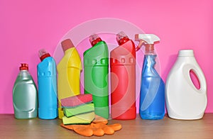 Detergent bottles, sponge for washing and detergent spray cleaner. Household for cleaning and washing. Concentrated and anti-