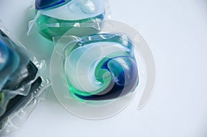 detergent pods closeup. minimalism of detergent. laundry detergent. selective focus and copy space