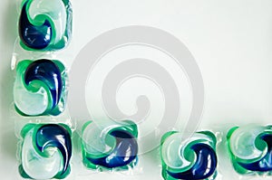 Detergent pods frame with copy space. minimalism of detergent. laundry detergent