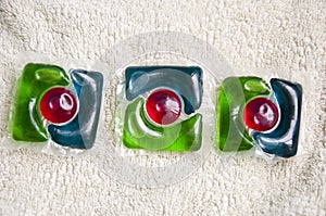 Detergent pods on towel. minimalism of detergent. laundry detergent