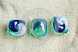 Detergent pods on towel. minimalism of detergent. laundry detergent. flat lay