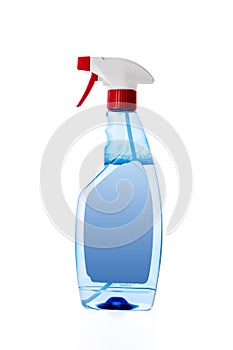 Detergent in spray bottle for window, floor, bathroom cleaning with sprayer isolated on white background