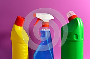 Detergent spray cleaner. Detergents and laundry concept. Household chemicals for cleaning. Chemical liquid for washing.