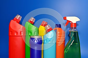 Detergent spray cleaner. Detergents and laundry concept. Household chemicals for cleaning. Chemical liquid for washing.