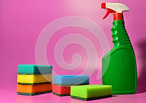 Detergent spray cleaner and sponge for washing. Detergents for laundry. Household chemicals for cleaning. Chemical liquid for
