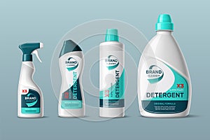 Detergents design. Realistic cleaning products. Different shapes of plastic packaging with branded labels. Washing