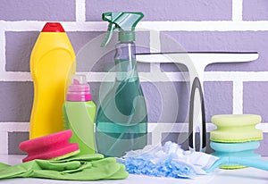 Detergents, gloves, sponges and rags for cleaning the house