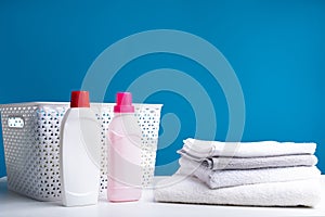 Detergents lying near bath towels