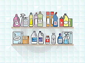 Detergents set on bathroom shelf