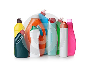 Detergents on white background. Cleaning supplies photo
