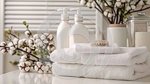 Detergents, white towels and cotton on the table in the house photo