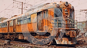 Deteriorated Orange Locomotive Painting In The Style Of Alejandro Burdisio