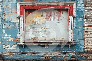 A deteriorating building with a shattered window, showing signs of neglect and disrepair, mockup