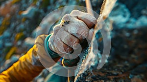 The determination and grit of a rock climber captured in their clenched fist as they reach the top of a challenging