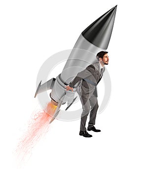 Determination and power businessman that holds a rocket isolated on white background. Increase, away.