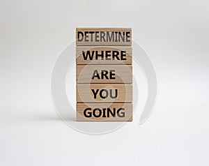 Determination symbol. Wooden blocks with words Determine where you are going. Beautiful white background. Business and Determine