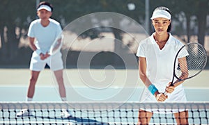 Determination, tennis and teamwork with athletes playing on game court training for sports fitness and exercise together