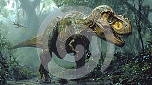 A determined allosaurus stalks through the wet underbrush undeterred by the lingering rain as it searches for its next