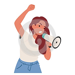 Determined, Angry Woman Raises Her Fist And Voices Her Stance Through A Megaphone. Female Character Leading A Rally