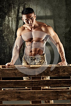 Determined bodybuilder standing behind pallet