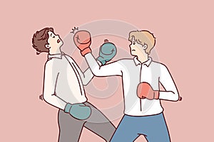 Determined business man in boxing gloves strikes opponent in face, symbolizing fierce competition