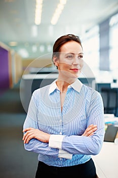 Determined business woman. Portrait of beautiful business woman with hands folded looking away.