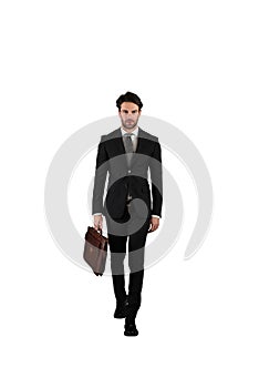 Determined businessman with bag is ready to start to walk