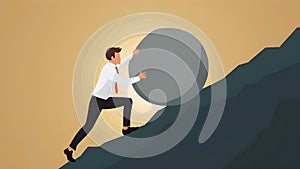 A determined businessman embodies resilience through pushing a large stone uphill. Concept