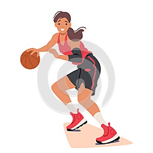 Determined Girl Basketball Player Character Dribbles The Ball With Speed And Precision, Her Focused Gaze Fixed On Hoop