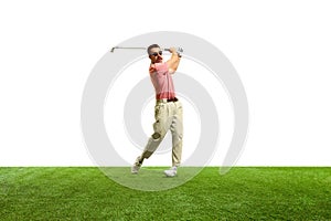 Determined golfer, aligns their swing flawlessly, showcasing unwavering concentration and skill as they aim for distant