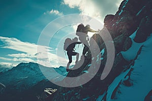 A determined group of adventurers climbing up the side of a towering mountain, A heroic hiker supporting a lagging friend in their