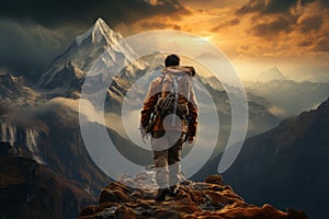 A determined hiker ascending a challenging mountain peak, symbolizing the journey to success. Generative Ai