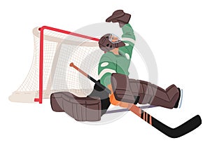 Determined Hockey Goalkeeper Guards The Net With Focused Intensity, Clad In Vibrant Gear, Cartoon Vector Illustration