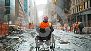 Determined Individual in Wheelchair on Challenging Urban Construction Path