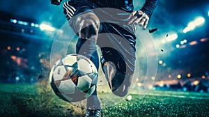 Determined Kick Soccer Shoes Powerful Strike in a Nocturnal Match