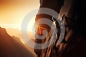 Determined Man Climbing the Mountain\'s Peak Against the Setting Sun, created with Generative AI