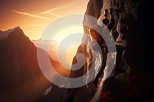 Determined Man Climbing the Mountain\'s Peak Against the Setting Sun, created with Generative AI