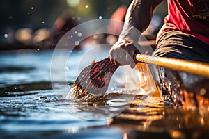 Determined Man rows an oar in a canoe. Generate Ai