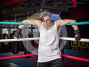 Determined muscular boxer hanging on ropes