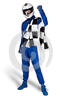 Determined race driver in blue white motorsport overall shoes gloves integral safety crash helmet and chequered checkered flag