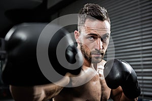 Determined shirtless man with boxe gloves hitting