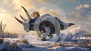 A determined triceratops plowing through thick icy patches on its journey through the tundra its three horns glinting in