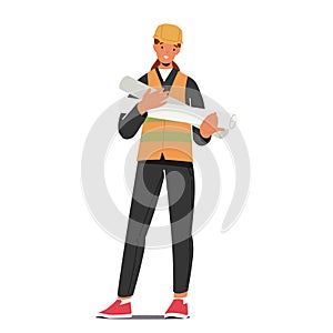 Determined Woman Architect, Clad In A Hard Hat, Holding Blueprint Rolls. Female Character Embodying Expertise