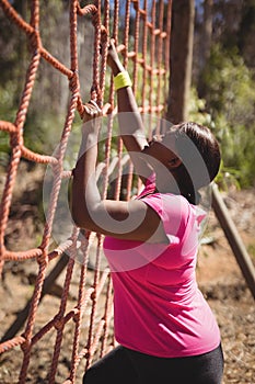 Determined woman climbing a net during obstacle course