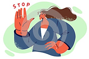 Determined woman making stop gesture with palm outstretched to rejecting harassment from colleagues